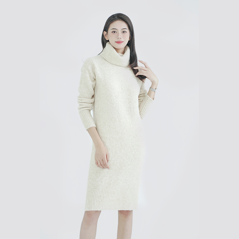 Gheimhridh Bán turtleneck gúna fada cniotáilte geansaí